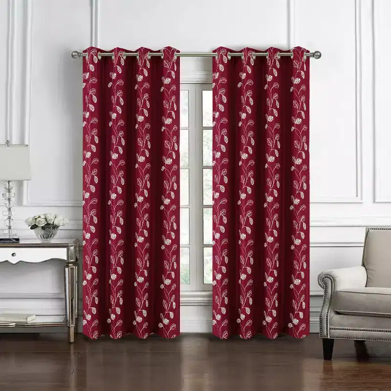 RT Designers Collection 100% Polyester 140 GSM Reed Embroidered Grommet Curtain Panel Burgundy