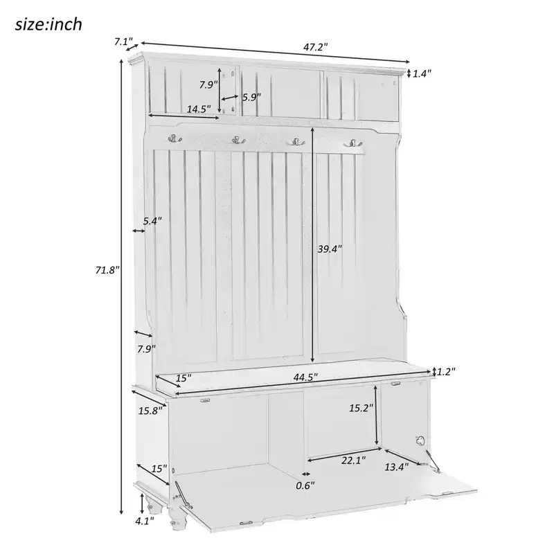 Hall Tree w/Shoe Cabinet, 4 Hookers and Open Shelves, Modern Entryway Cabinet w/Bench & Shoe Storage, 4-in-1 Coat Rack for Hallway, Living Room