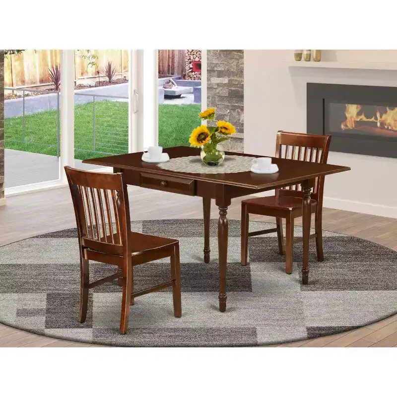 HomeStock 3-Pc Mahogany Finish Solid Wood Top With Dropleaf Dining Table Set
