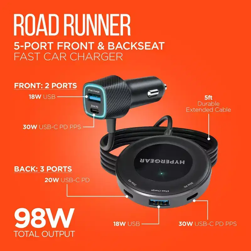 HyperGear Road Runner 98W 5 Ports Car Charger Black