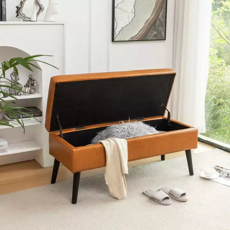 PU Leather Storage Ottoman Bench with Solid Wood Legs