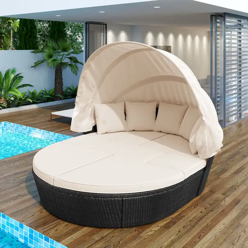 Outdoor Rattan daybed sunbed with Retractable Canopy Wicker Furniture with Washable Cushions