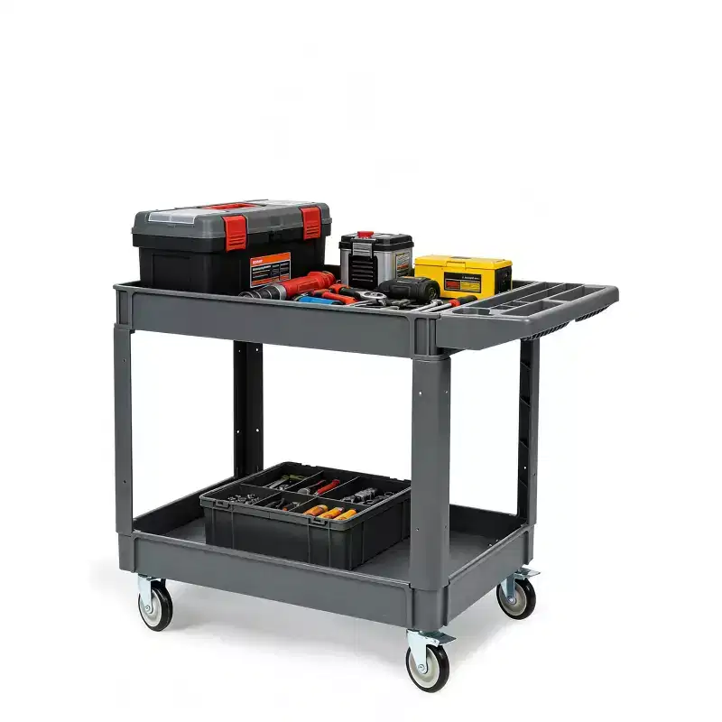 2-Tier Rolling Utility Service Cart with 360 Swivel Wheels & Brakes, 550LBS, Ergonomic Storage Handle for Warehouse/Garage/Cleaning, 46*25 in