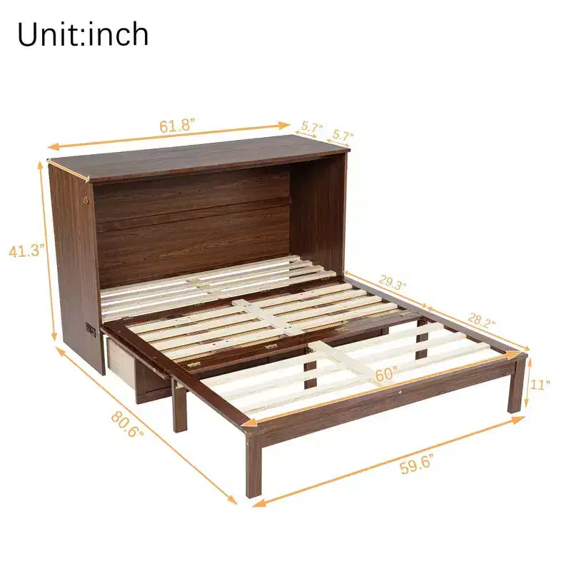 Queen Size Murphy Cabinet Bed �C Pine Wood, Power Station & Rattan Decoration Panel