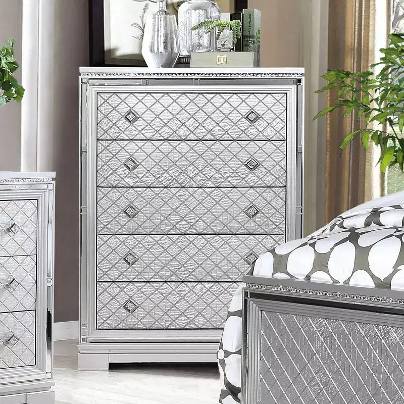 5-Drawer Glam Chest - Silver with Crocodile Embossing, Mirror Trim & Jeweled Accents