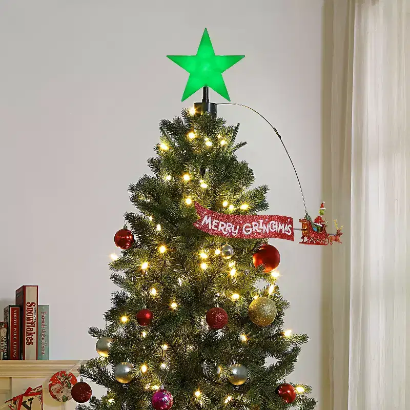 Mr. Christmas Animated Grinch Sleigh Tree Topper with Banner - Merry Grinchmas