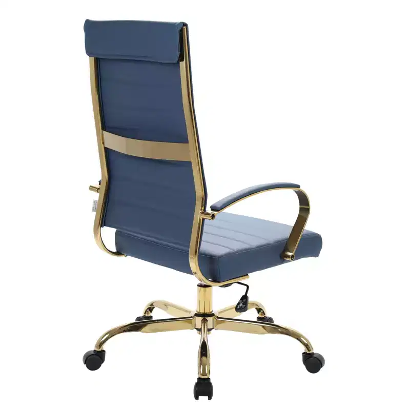 LeisureMod Benmar High-Back Ribbed Leather Office Chair - Modern Swivel & Tilt Executive Desk Chair - Gold Base