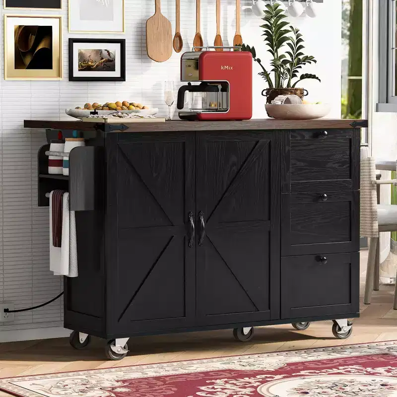 Whisen Farmhouse Style Kitchen Cart Island with Drop Leaf and Locking Wheels