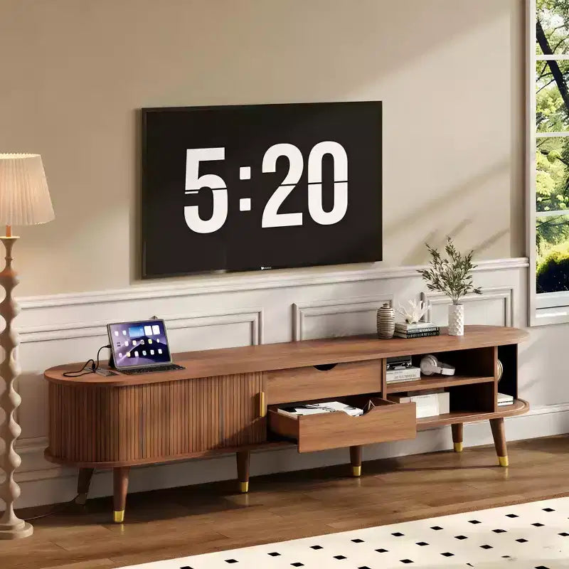 JVNOXK Wooden Oval Fluted TV Stand with Charging Station for TV up to 80, Mid-Century Media Console with Sliding Tambour Door,Walnut