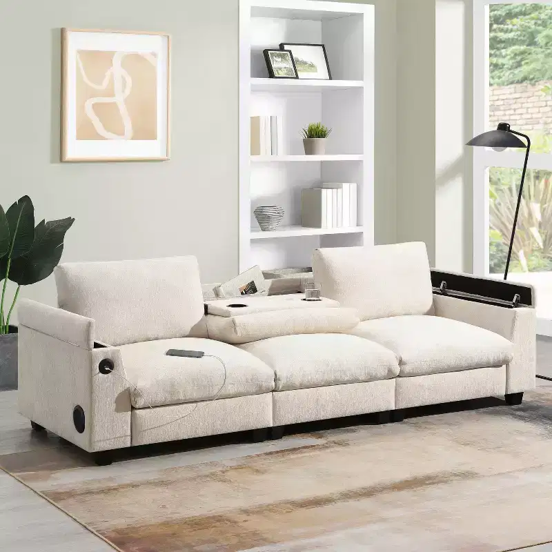 96 W 3-Seat Chenille Sectional Sofa with Bluetooth Speaker, Drop Down Table, USB Charger, and Storage Armrest