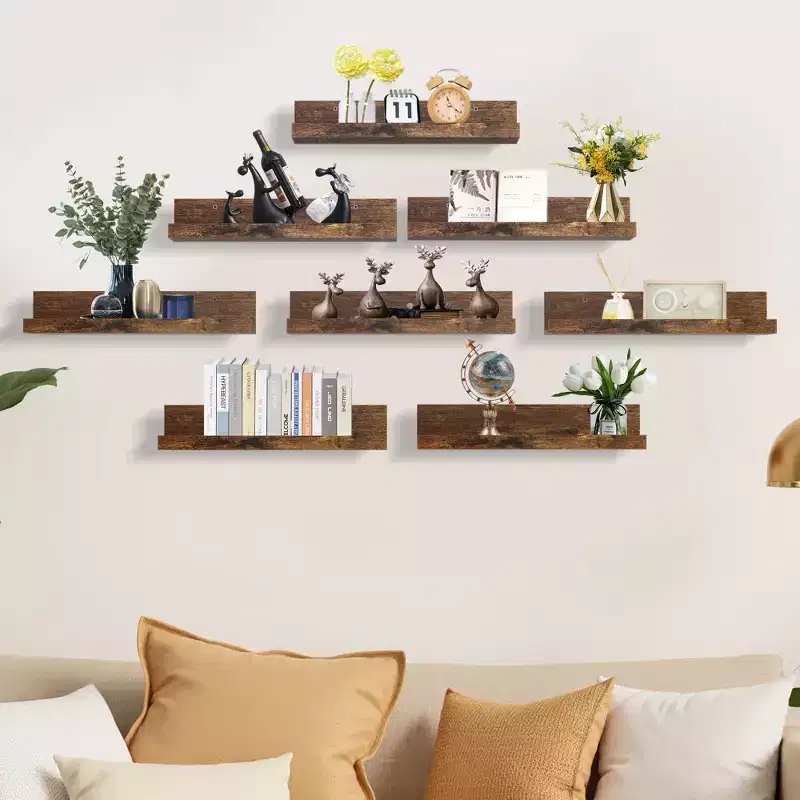 FurnitureR Floating Shelves for Wall, 15.75 Inch Wide Wooden WallMounted Display Ledge Set, Modern Storage Shelves for Living Room Set of 8, Brown