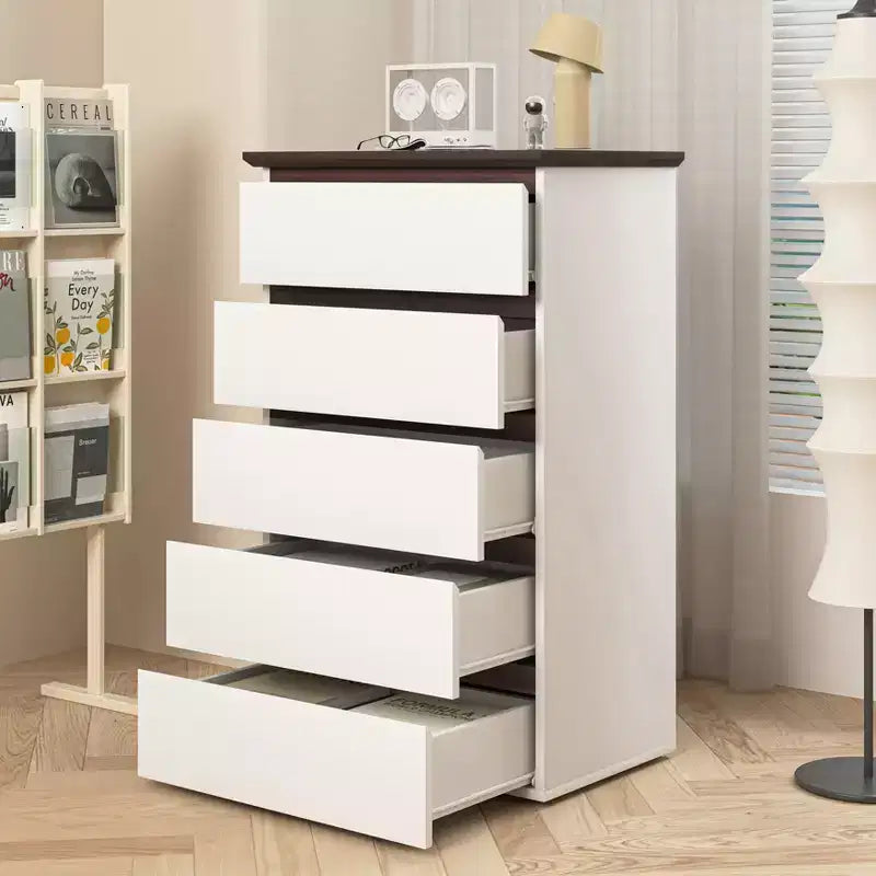 JVNOXK 5 Drawer Dresser for Bedroom, Modern Closet Dressers Chest of Drawers, White & Walnut color Storage Dresser Chest Cabinet Organizer Unit
