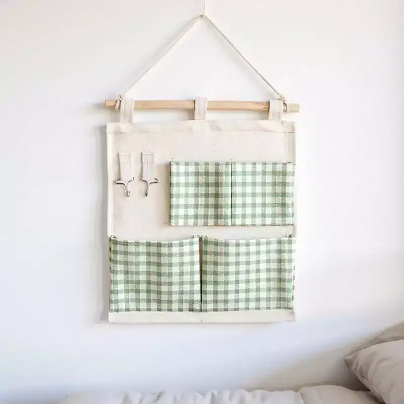 Alilang Hanging Wall Organizer with Green Gingham Pockets and Wooden Rod 12x14in