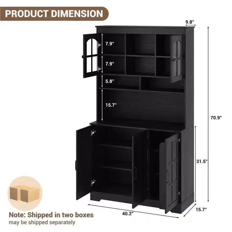 Pantry Cabinet with Charging Station, Tall Kitchen Pantry Storage Cabinet with Hutch,70.9 Inch Kitchen Cabinet with Glass Doors, for Dining Room