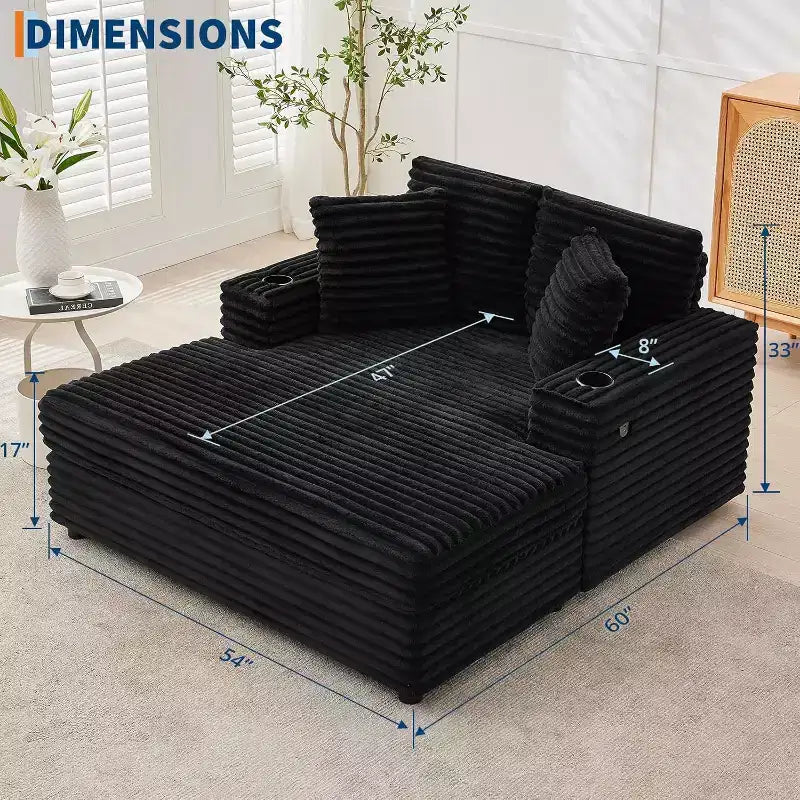 Oversized Chaise Lounge Chair with Throw Pillows and Armrests, Corduroy Upholstered Sofa Bed for Living Room and Bedroom