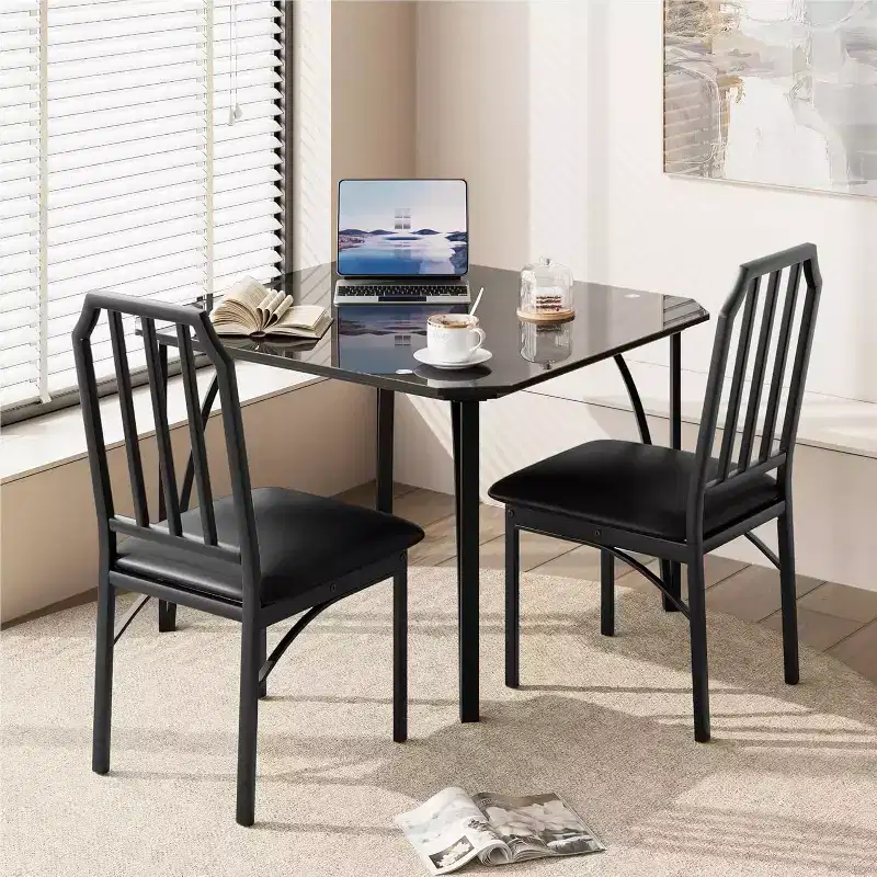 Glass Dining Table Set with Upholstered Chairs, Chamfered Edge Design, Compact Dining Furniture for Small Spaces, Apartments, and Home Kitchens