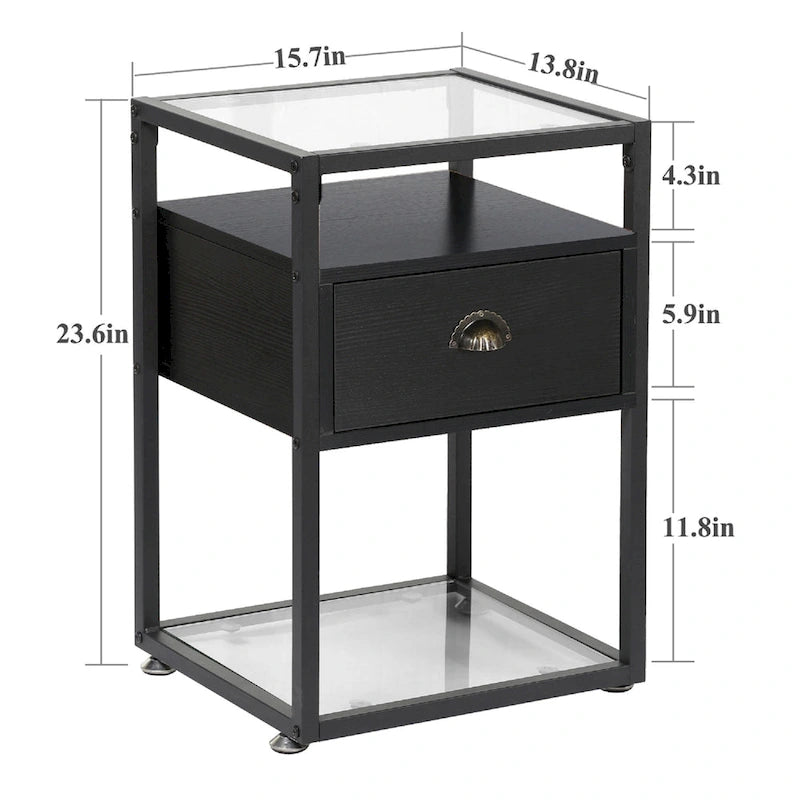 VECELO (Set of 2) Modern 1-Drawer Nightstand with 2-tier Glass Shelves