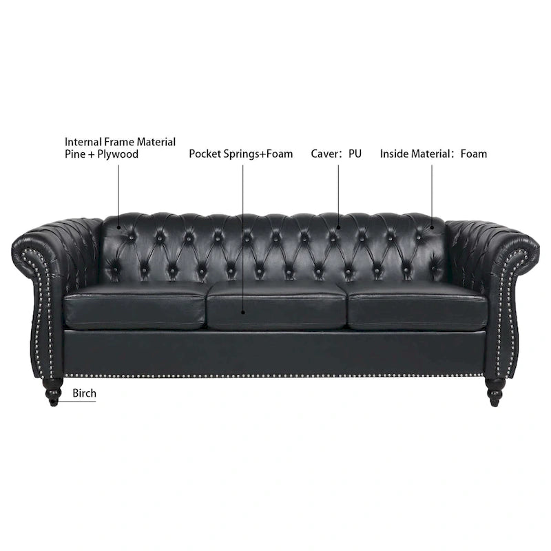84 Mid-Century Modern 3-Seater Chesterfield Sofa, PU Leather, Birch Legs, 660 lbs