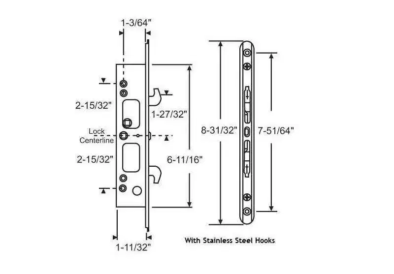 Brixwell Two Point Patio Door Lock Stainless Steel 6-11/16 Lock Body Height 1-3/64 Width 2-15/32 Hook Spacing Sliding Door Hardware Gray Finish