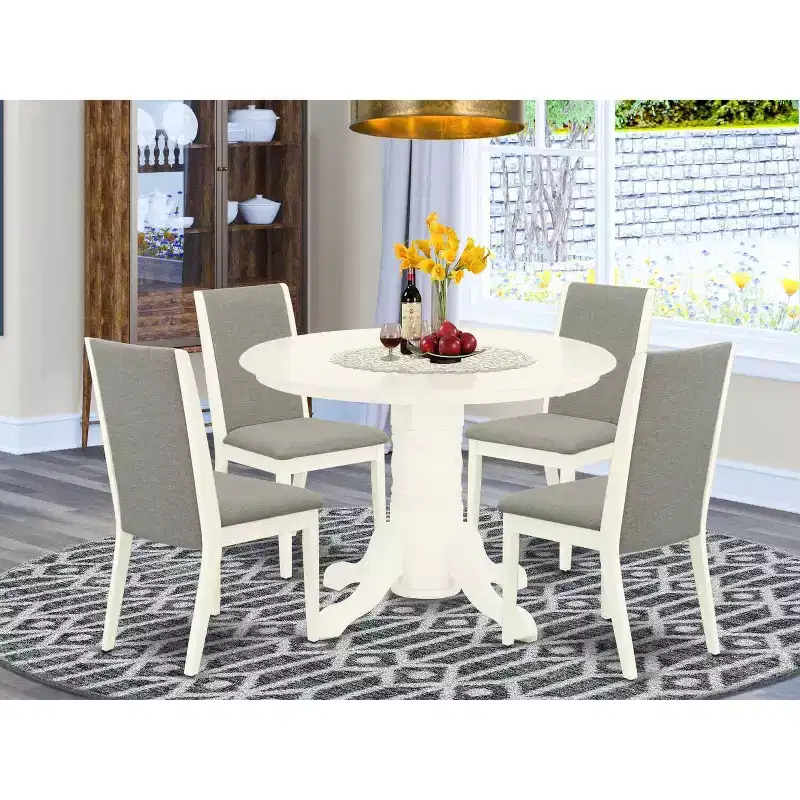 HomeStock 5-Piece Round Buttermilk and Cherry Finish Solid Wood Top Dining Table with 4 Parson Chair