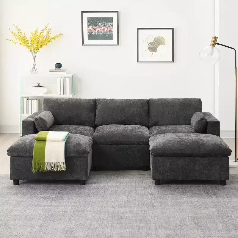 Polibi 5-Seat Modular Chenille Sectional Sofa with Dual Ottomans