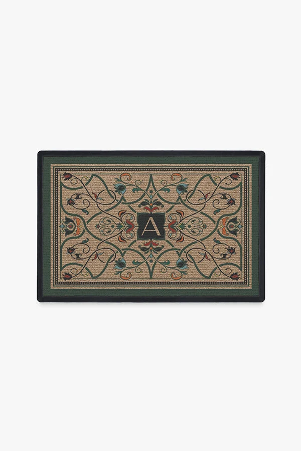 Floral Botanical Washable Doormat with Personalized Letter Vine Bloom Design for Entryway & Porch