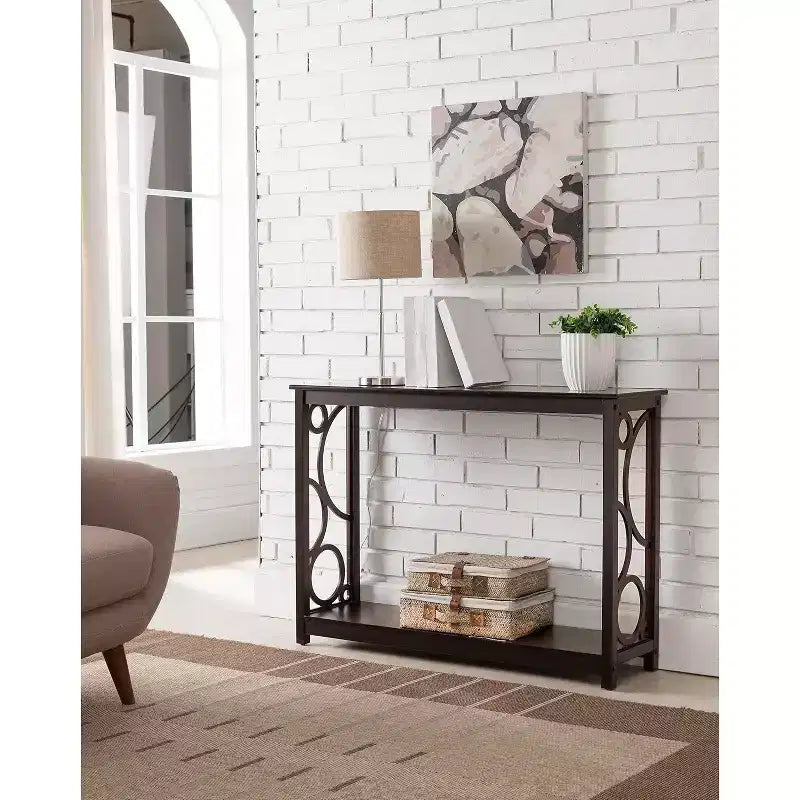 Dark Cherry Finish Wood Entryway Console Table with Storage Shelf