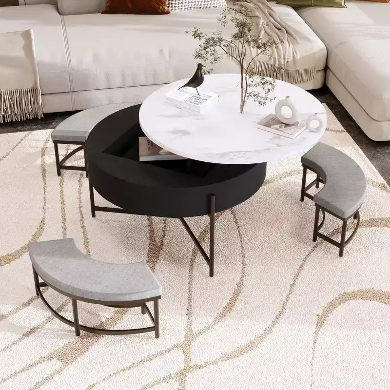 Modern Round Lift-Top Coffee Table with Storage and 3 Ottoman, White+Black-ModernLuxe