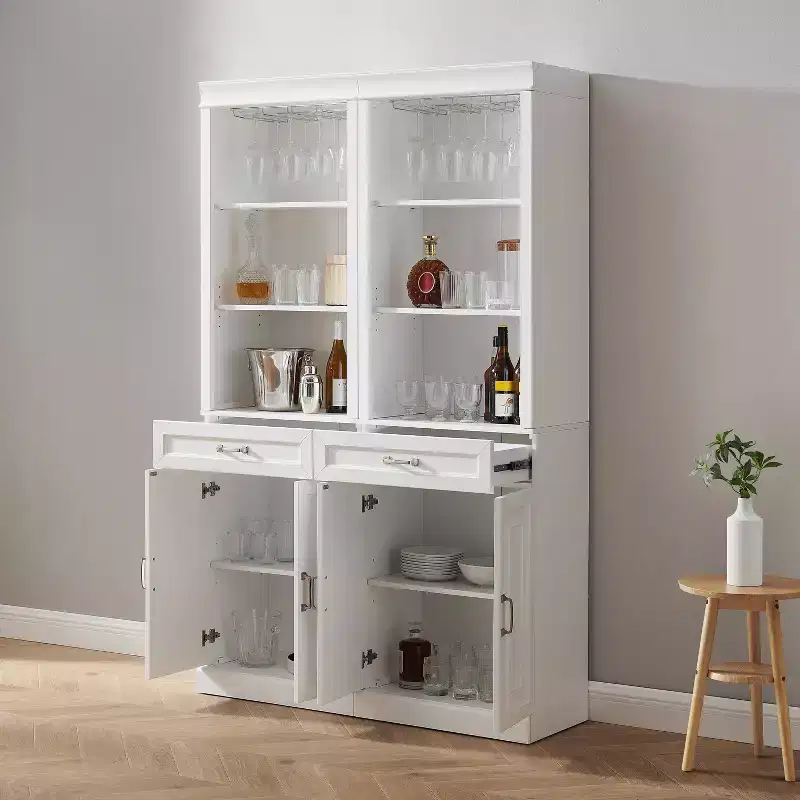 Crosley 78 Stanton 2pc Bar Cabinet Set White: Traditional Farmhouse Style with Adjustable Shelves, Stemware Racks