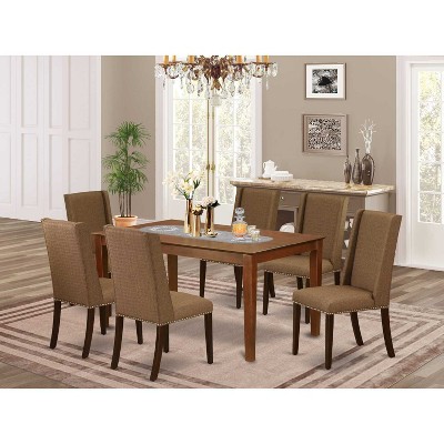 HomeStock 7-Piece Mahogany Finish Solid Wood Top Dining Table with 6-Parson Chairs