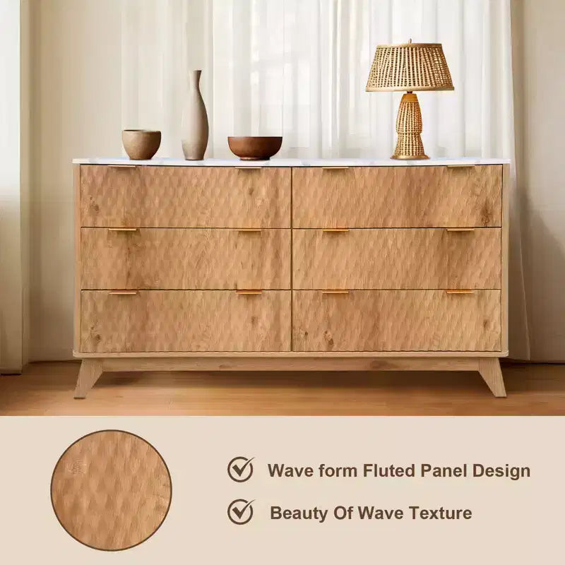 Fluted 6-Drawer Dresser With Faux Marble Top, Modern Curved TV Stand for Bedroom & Living Room, Sturdy Storage Cabinet, Anti-Tip Design