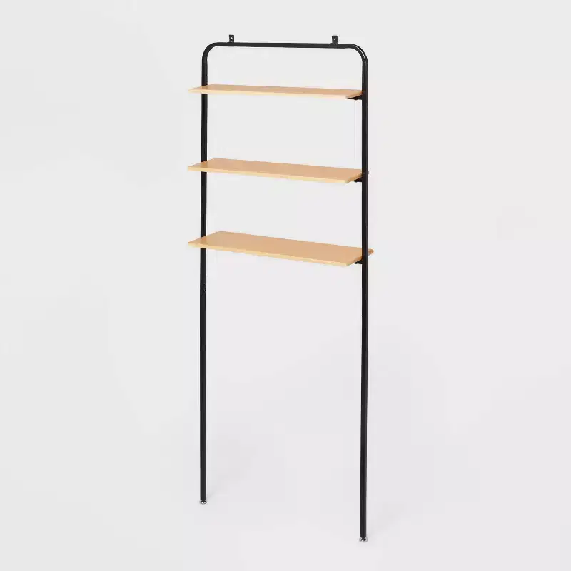 Over The Toilet Storage Black Metal and Wood - Space-Saving Bathroom Organizer with 3 Fixed Shelves