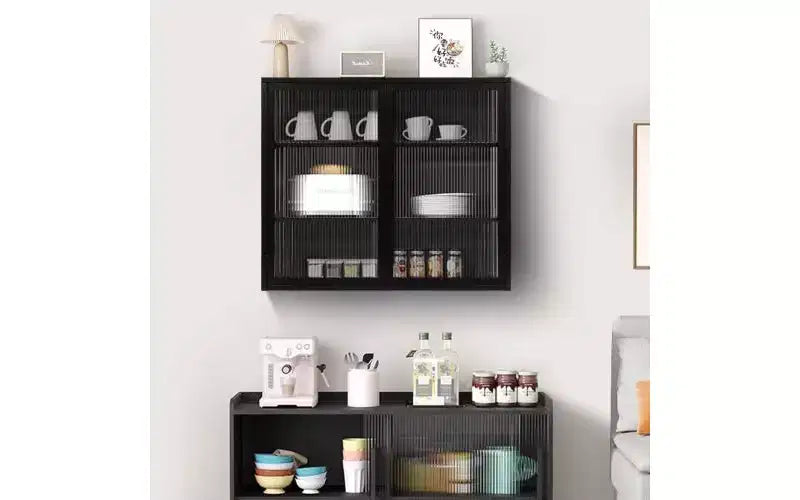 TUYOHW Modern Concise 3-Tier Sideboard Cabinet, Iron & Tempered Glass Storage Cabinet with 2 Doors, Wall Cabinet Pantry Cabinet for Home Organization
