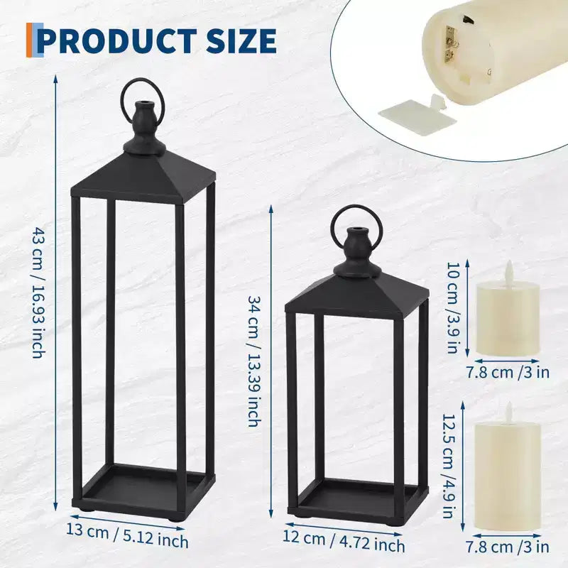 Black Metal Lantern Set of 2  Flameless LED Outdoor/Indoor Lanterns for Porch, Patio & Farmhouse Christmas Decor