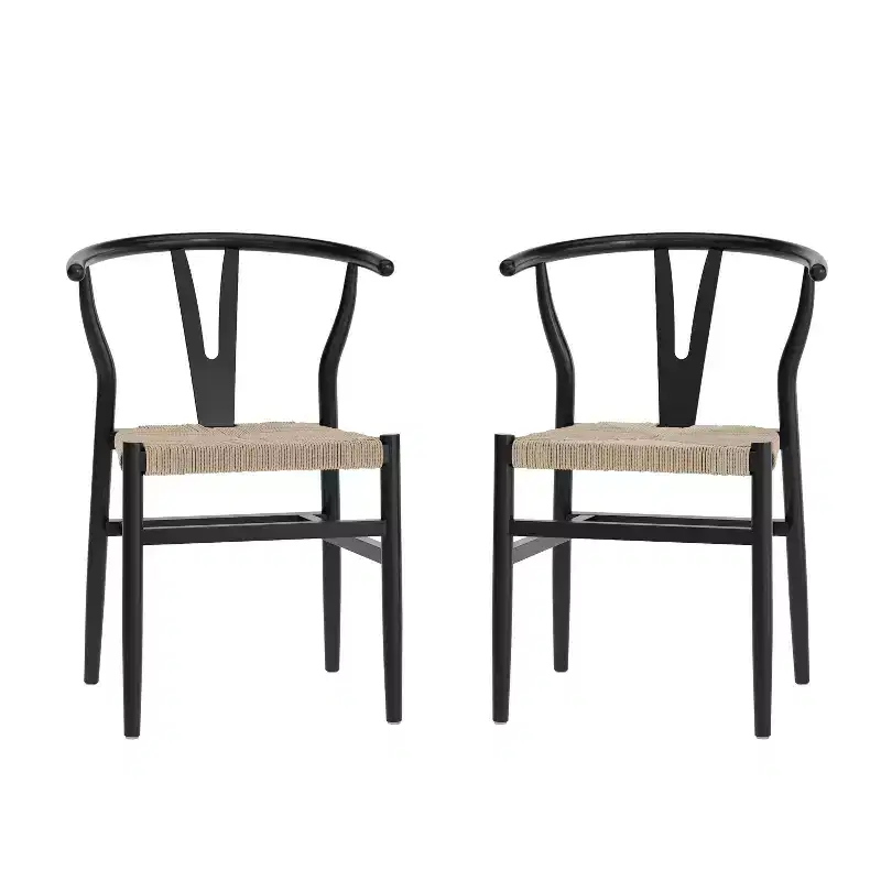 Merrick Lane Set of 2 Stack Dining Chairs with Y-Back Style Design, Solid Wood Frames, Woven Kraft Paper Rope Seats