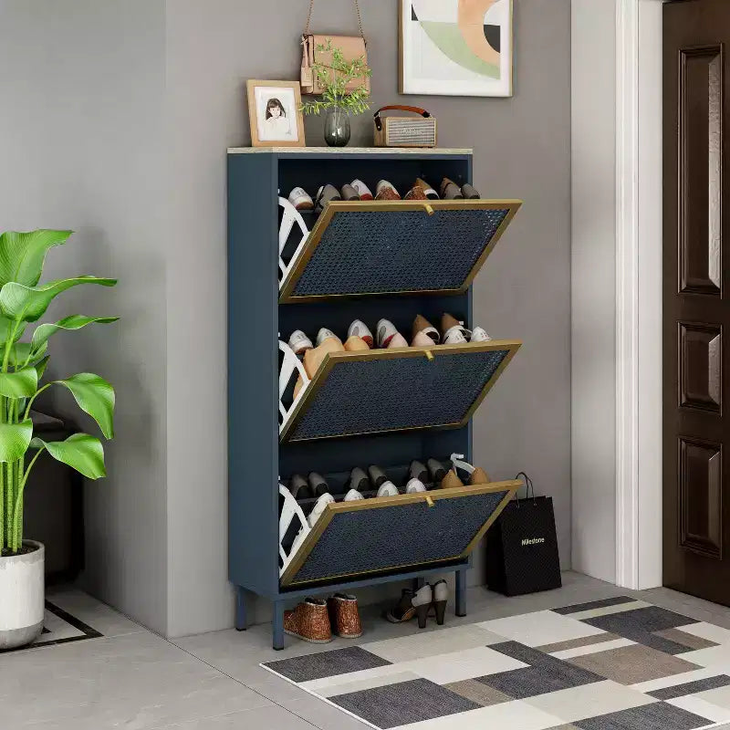 GDFStudio Julia Modern Wooden Shoe Rack with 3 Honeycomb Metal Tilt-Out Doors