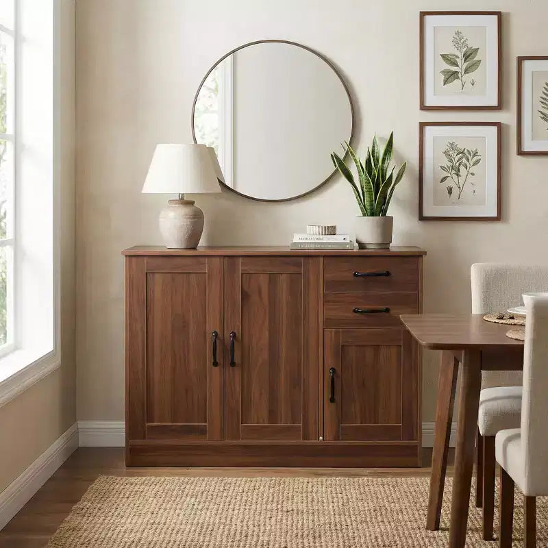 Natural Wood-Finish Sideboard with 3 Doors & 2 Drawers