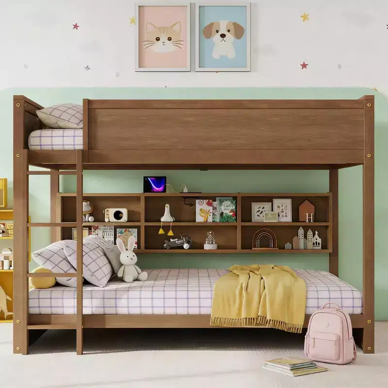Queen Over Queen Wood Bunk Bed with Built-in Storage Cabinets, Charging Station, Ladder and Safety Guardrails