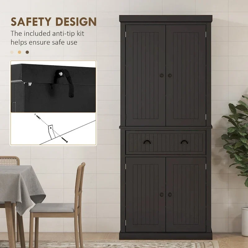 72 Kitchen Pantry Storage Cabinet, Traditional Freestanding Cabinet with 4 Doors and 3 Adjustable Shelves, Large Central Drawer