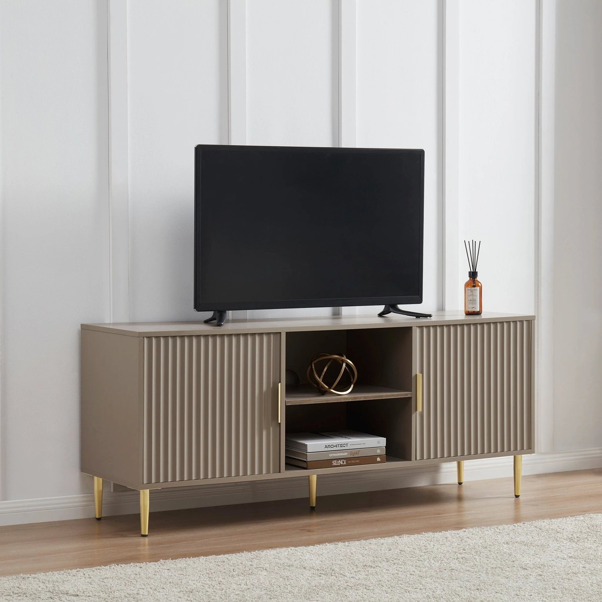 Modern Taupe Painted TV Unit with Gold Accents for TVs up to 65 Inch for Living Room II