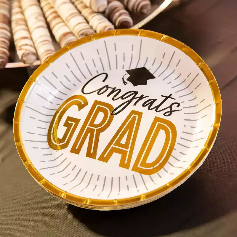 Fun Express Black & Gold Graduation Party Congrats Grad Paper Dessert Plates - 25 Ct.