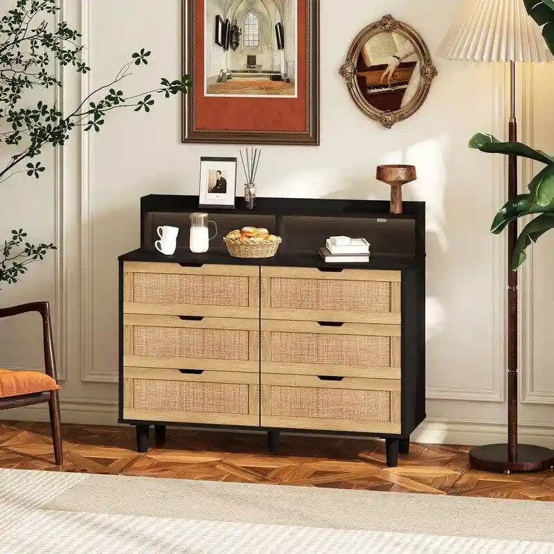 Bohemian Rattan 6-Drawer Sideboard Buffet with Adjustable LED Lights & Power Outlet