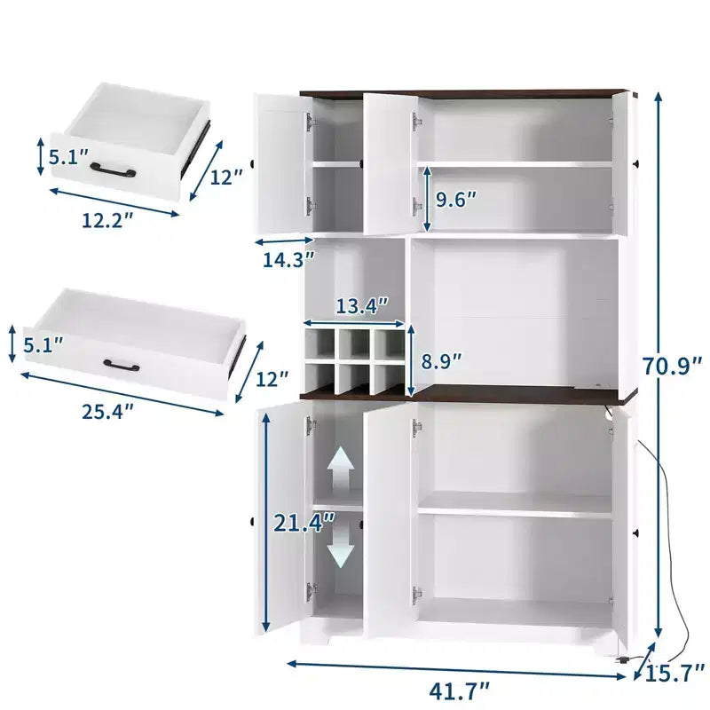 71 Tall Kitchen Pantry Cabinet, Freestanding Buffet Hutch with Microwave Stand & Wine Rack, Wooden Coffee Bar Cabinet for Living Room Kitchen