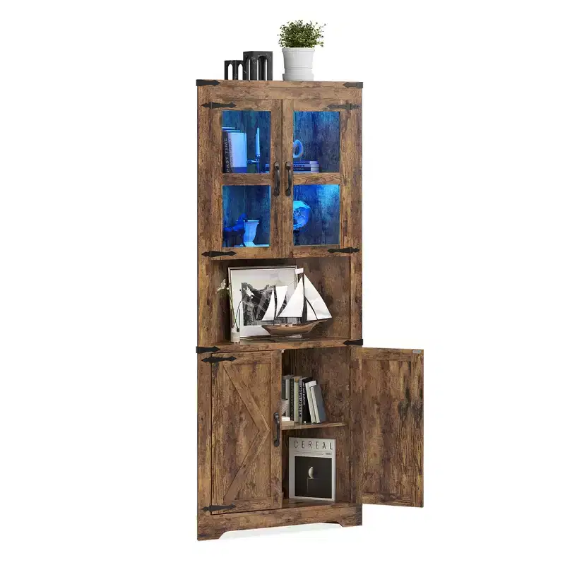 67 Inch Tall Corner Storage Cabinet with Lights, Wooden Farmhouse Corner Hutch Display Cabinet with Glass Doors, for Kitchen, Living Room, Bathroom