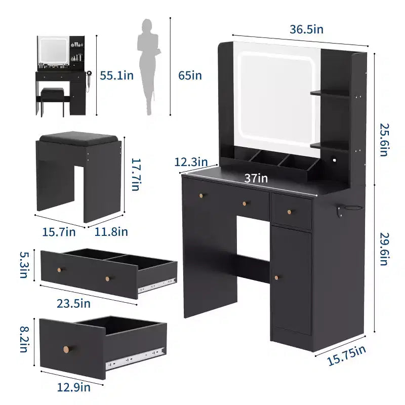 Makeup Vanity with Mirror Vanity Table with Hair Dryer Holder Storage Drawers and Shelves with Upholstered Stool for Bedroom