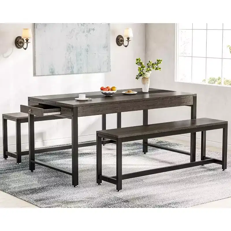 Tribesigns Dining Table Set, Kitchen Breakfast Table with 2 Benches & Sided Drawer for 4-6 People