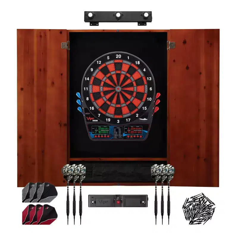 Viper Orion Electronic Dartboard, Metropolitan Cabinet, Laser Throw Line, Dartboard Lights, Black Magic Soft Tip Darts, and Spare Tips and Flights