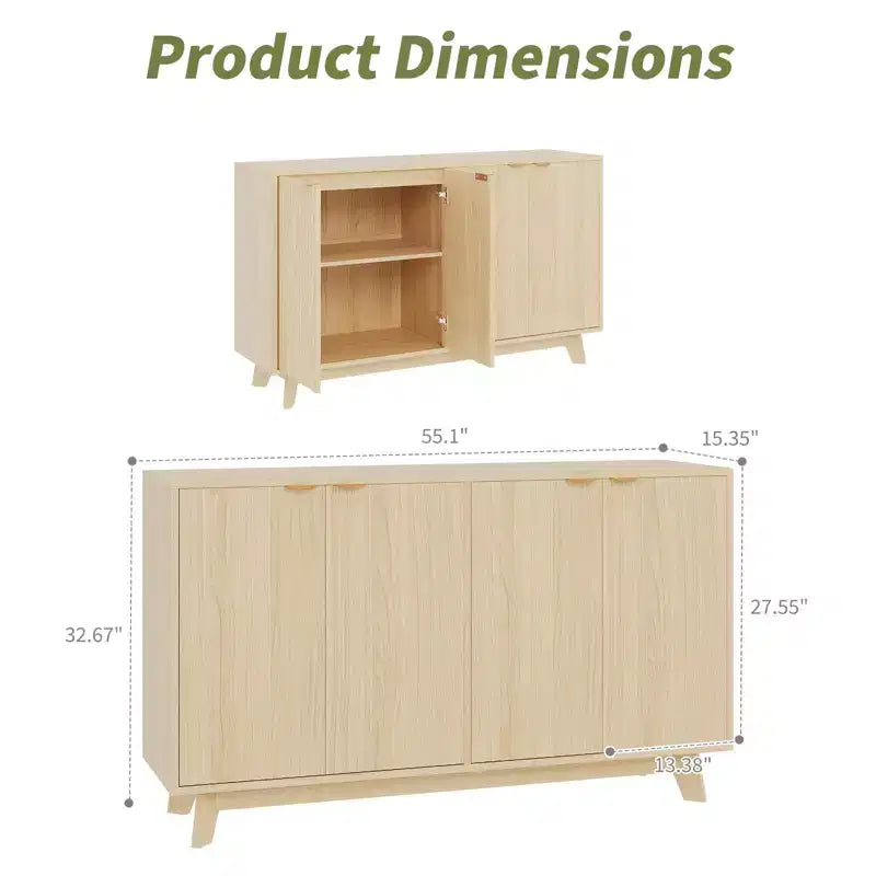 Modern Fluted Wood Sideboard Buffet Cabinet Set  4 Doors, Adjustable Shelves, Versatile Storage Credenza for Living Room, Dining Room, Entryway
