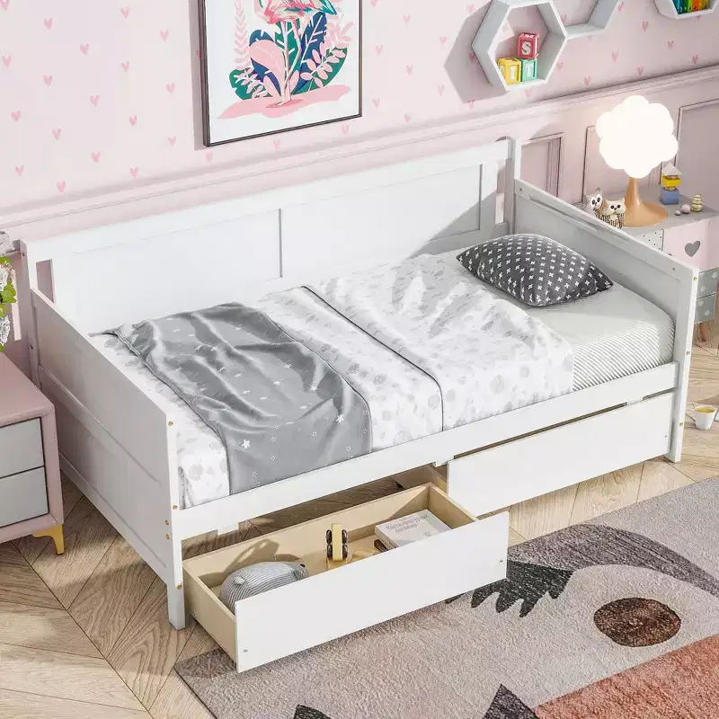 Queen Bed Frame Soft-Close Drawers Solid Rubberwood No Box Spring Needed