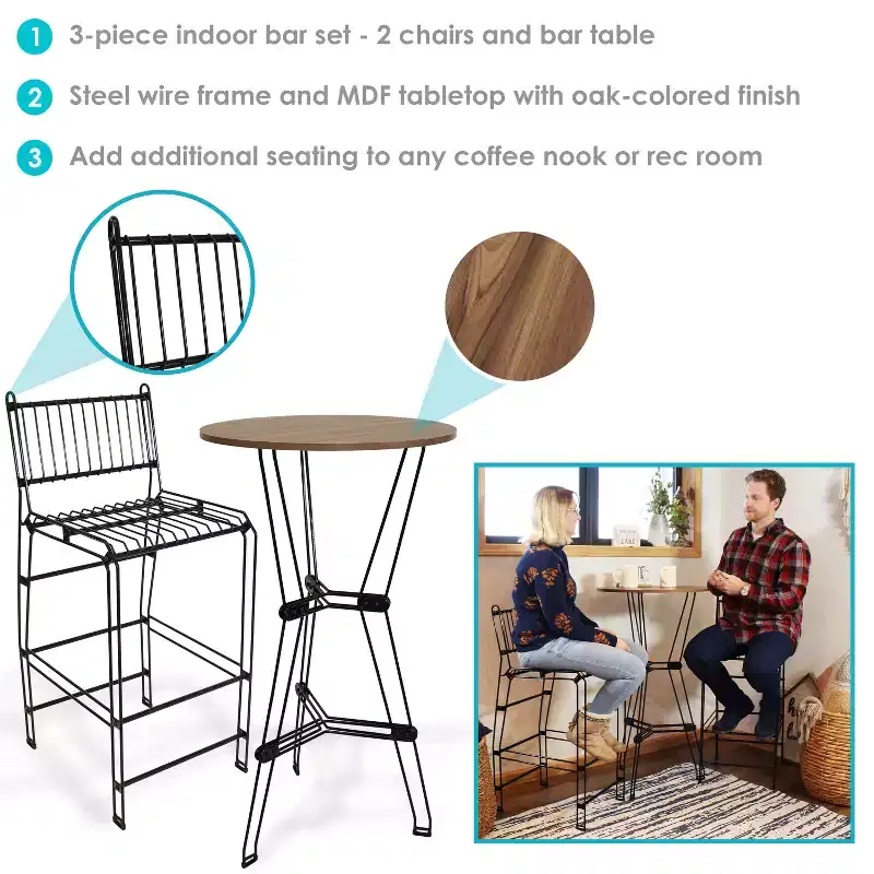 Sunnydaze 3-Piece Indoor Furniture Steel Wire Bar Set with Faux Woodgrain Tabletop - Brown - 3 pc